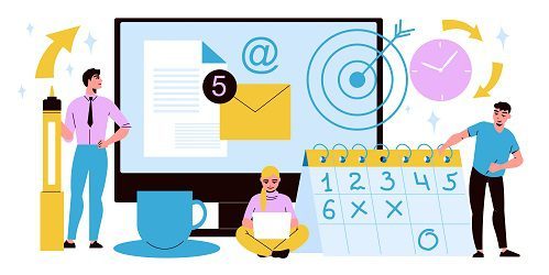 Time management composition with view of workplace elements coffee cup computer with flip calendar and people vector illustration